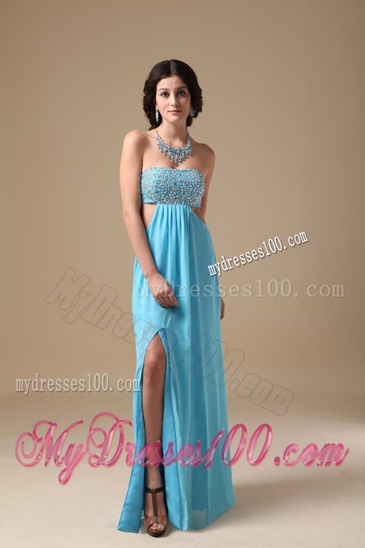 Beading Accent Chest Floor-length Aqua Blue Prom Gowns with Cutout Waist