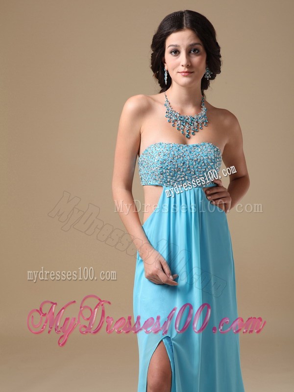 Beading Accent Chest Floor-length Aqua Blue Prom Gowns with Cutout Waist