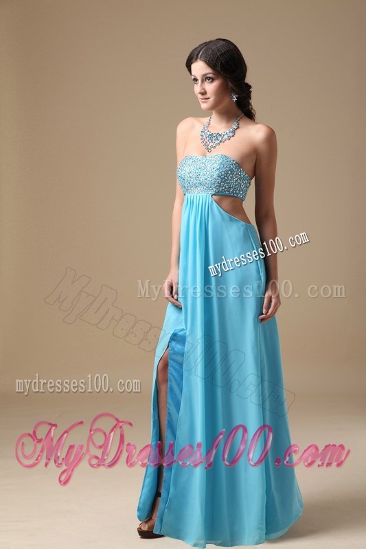 Beading Accent Chest Floor-length Aqua Blue Prom Gowns with Cutout Waist
