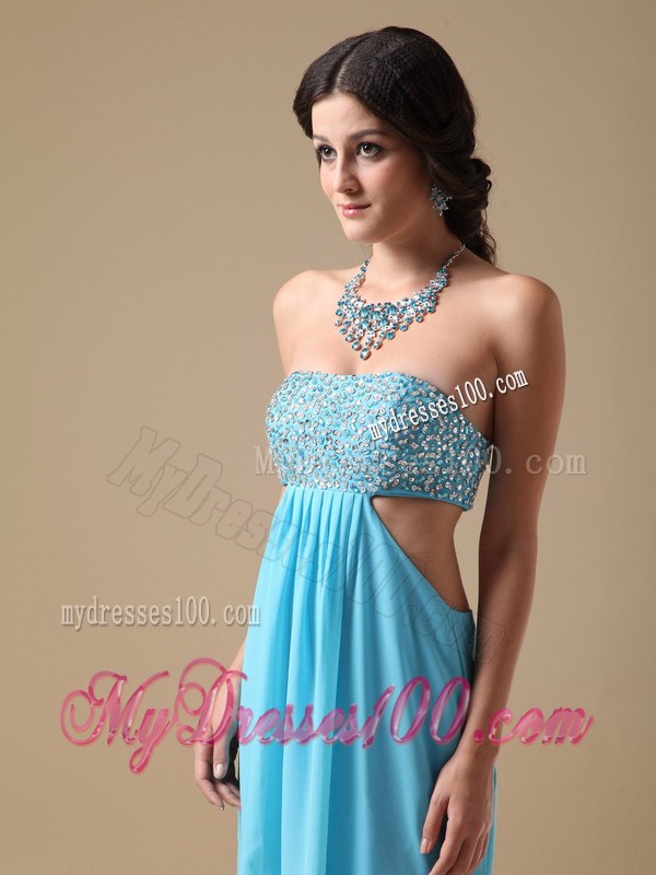 Beading Accent Chest Floor-length Aqua Blue Prom Gowns with Cutout Waist