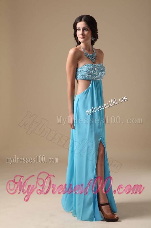 Beading Accent Chest Floor-length Aqua Blue Prom Gowns with Cutout Waist