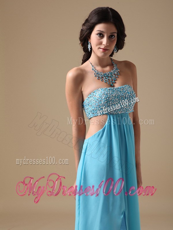 Beading Accent Chest Floor-length Aqua Blue Prom Gowns with Cutout Waist