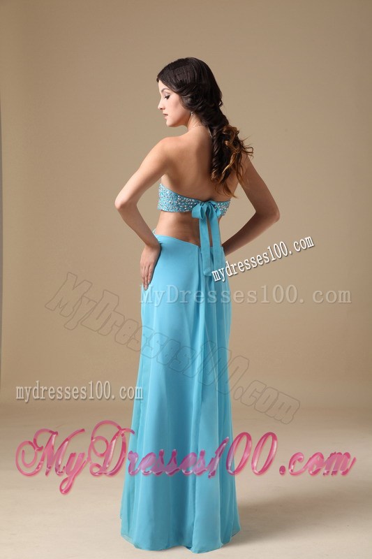 Beading Accent Chest Floor-length Aqua Blue Prom Gowns with Cutout Waist