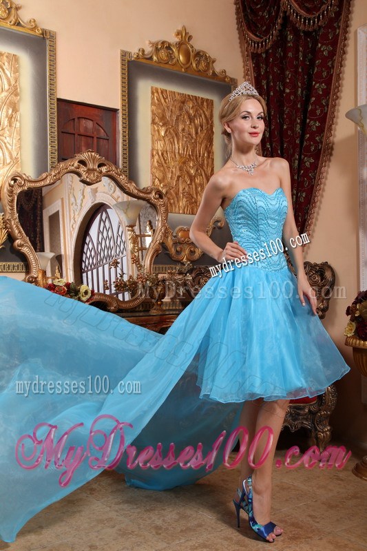Beaded High-low Aqua Blue Organza Dresses for Prom of Sweetheart and Strapless