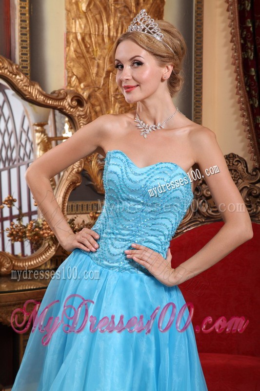 Beaded High-low Aqua Blue Organza Dresses for Prom of Sweetheart and Strapless