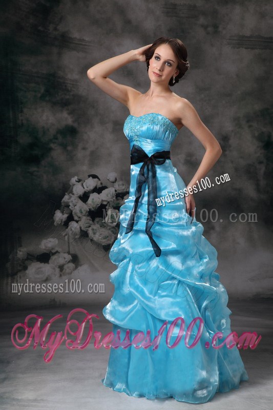 Pick-ups and Black Sash Decorate Floor-length A-line Prom Gown in Aqua Blue