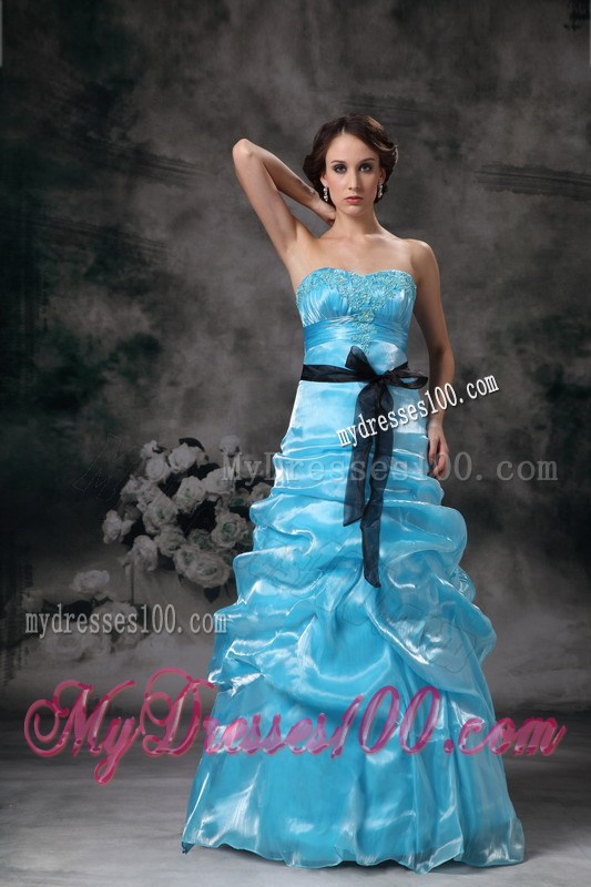 Pick-ups and Black Sash Decorate Floor-length A-line Prom Gown in Aqua Blue
