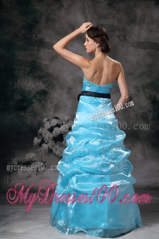 Pick-ups and Black Sash Decorate Floor-length A-line Prom Gown in Aqua Blue
