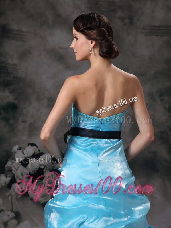 Pick-ups and Black Sash Decorate Floor-length A-line Prom Gown in Aqua Blue