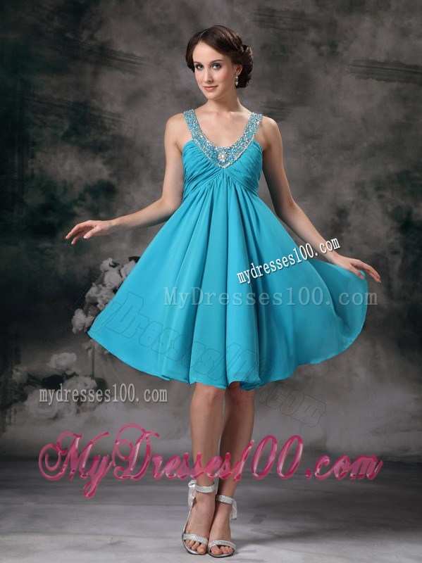Beaded V-neck Turquoise Prom Dress with Ruches and Pleats of Mini-length