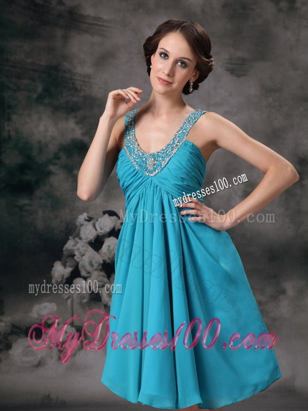 Beaded V-neck Turquoise Prom Dress with Ruches and Pleats of Mini-length