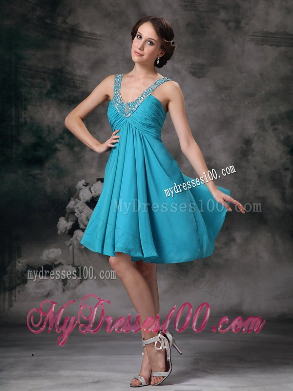 Beaded V-neck Turquoise Prom Dress with Ruches and Pleats of Mini-length
