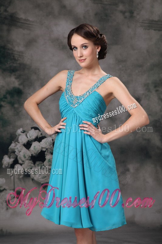 Beaded V-neck Turquoise Prom Dress with Ruches and Pleats of Mini-length