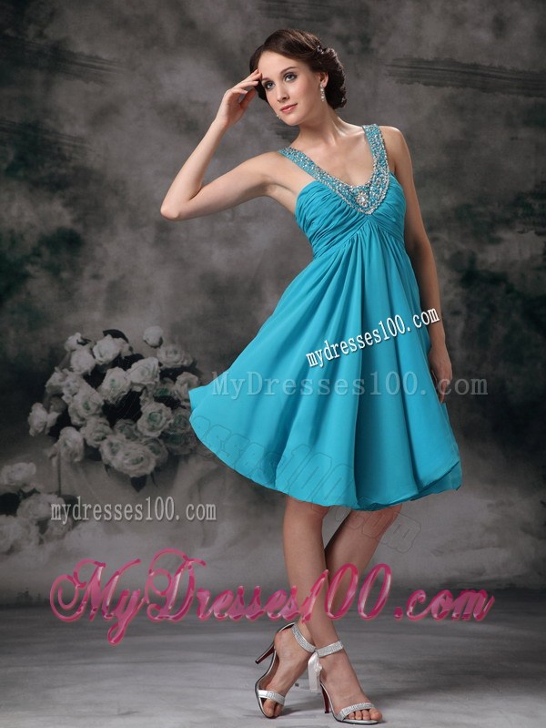 Beaded V-neck Turquoise Prom Dress with Ruches and Pleats of Mini-length