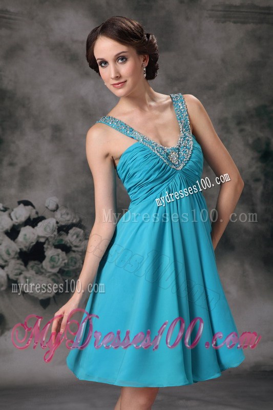 Beaded V-neck Turquoise Prom Dress with Ruches and Pleats of Mini-length