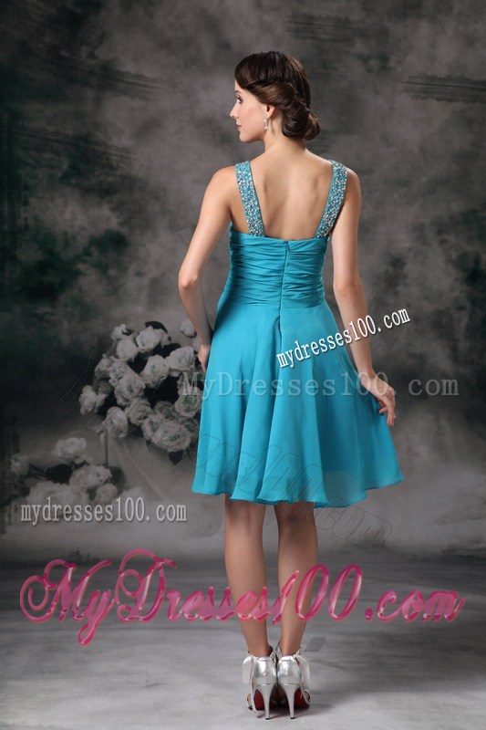 Beaded V-neck Turquoise Prom Dress with Ruches and Pleats of Mini-length