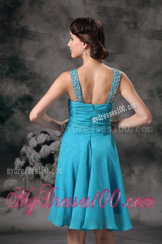 Beaded V-neck Turquoise Prom Dress with Ruches and Pleats of Mini-length