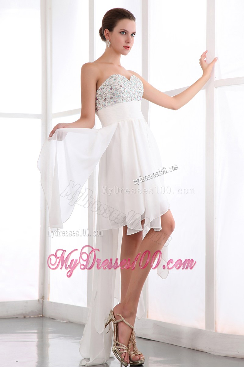 Beading Accent Sweetheart White Chiffon Prom Dress with Front Short Back Long
