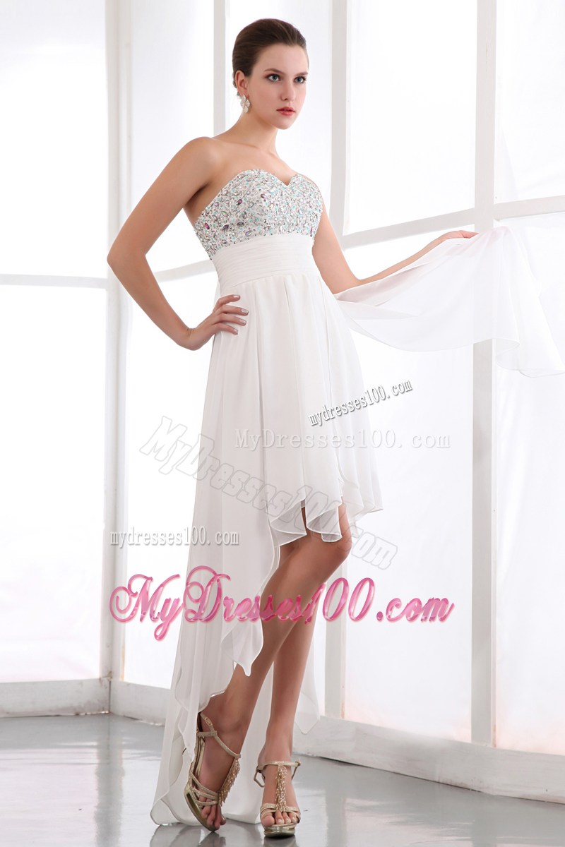 Beading Accent Sweetheart White Chiffon Prom Dress with Front Short Back Long