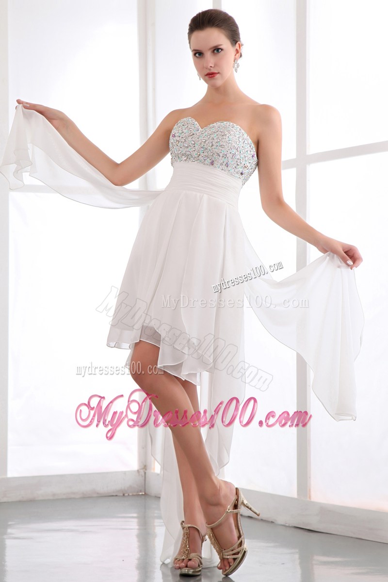 Beading Accent Sweetheart White Chiffon Prom Dress with Front Short Back Long
