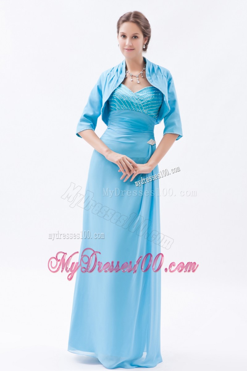 Straps Sweetheart Aqua Blue Floor-length Beaded Prom Gown with Jacket