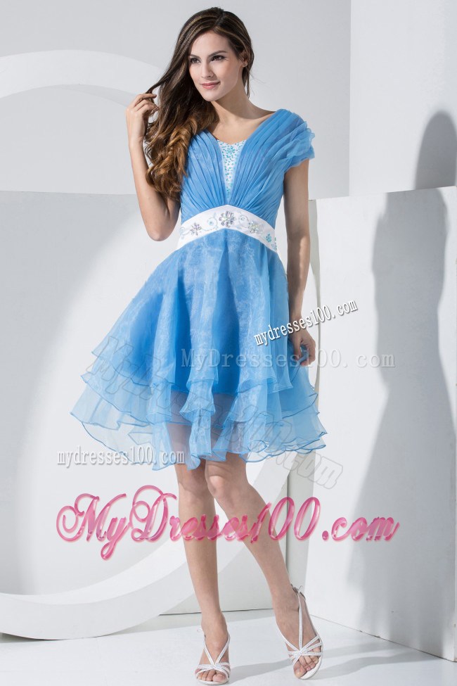 Ruched Baby Blue Prom Dress Knee-length Organza with Beaded White Belt