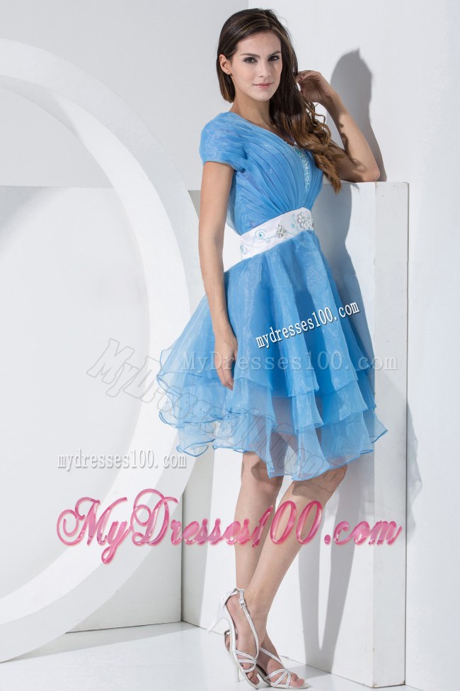 Ruched Baby Blue Prom Dress Knee-length Organza with Beaded White Belt