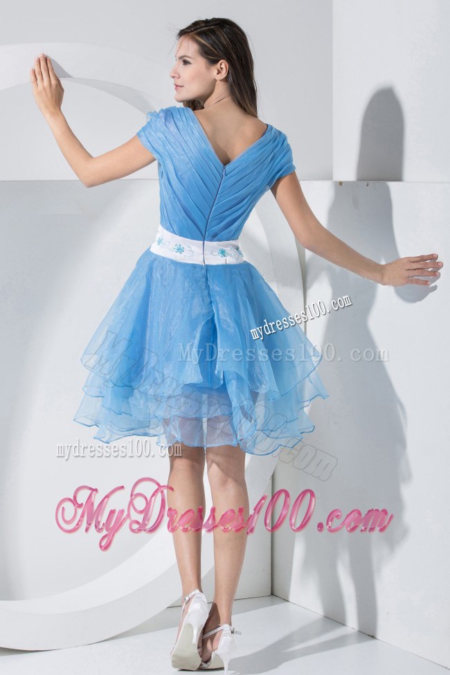Ruched Baby Blue Prom Dress Knee-length Organza with Beaded White Belt