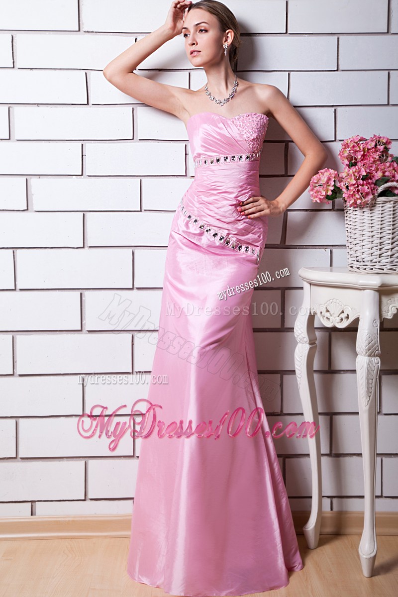 Beading and Ruches Decorate Column Floor-length Prom Gowns in Baby Pink