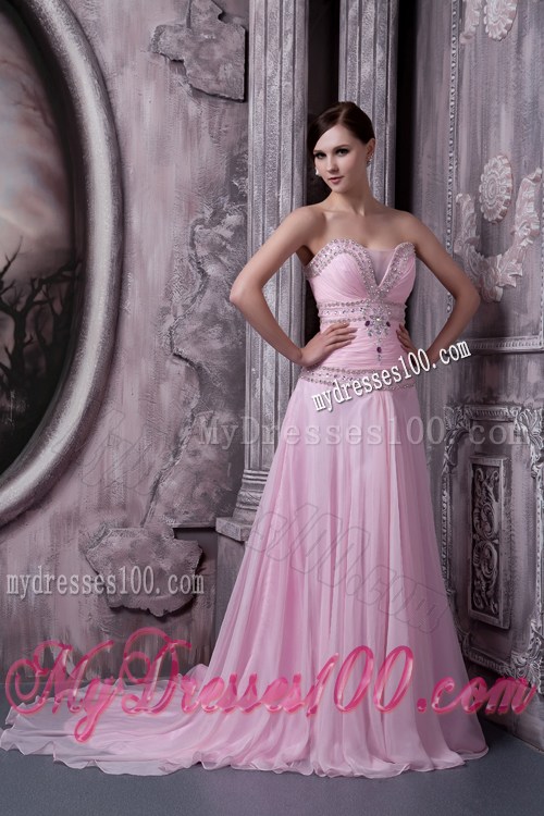 Beaded Baby Pink Chiffon Gowns for Prom of Sweep Train and Princess Silhouette