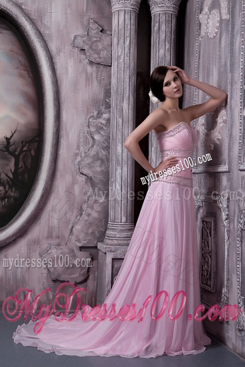 Beaded Baby Pink Chiffon Gowns for Prom of Sweep Train and Princess Silhouette