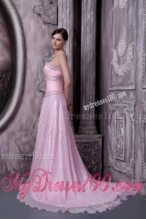 Beaded Baby Pink Chiffon Gowns for Prom of Sweep Train and Princess Silhouette