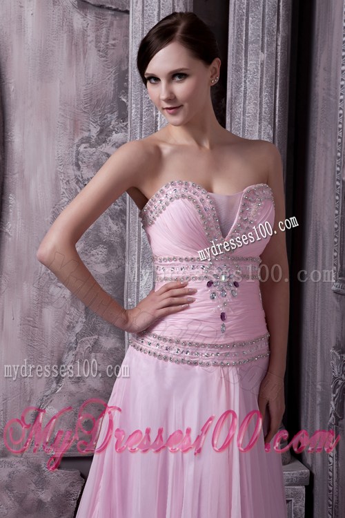 Beaded Baby Pink Chiffon Gowns for Prom of Sweep Train and Princess Silhouette