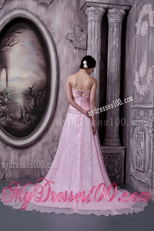 Beaded Baby Pink Chiffon Gowns for Prom of Sweep Train and Princess Silhouette
