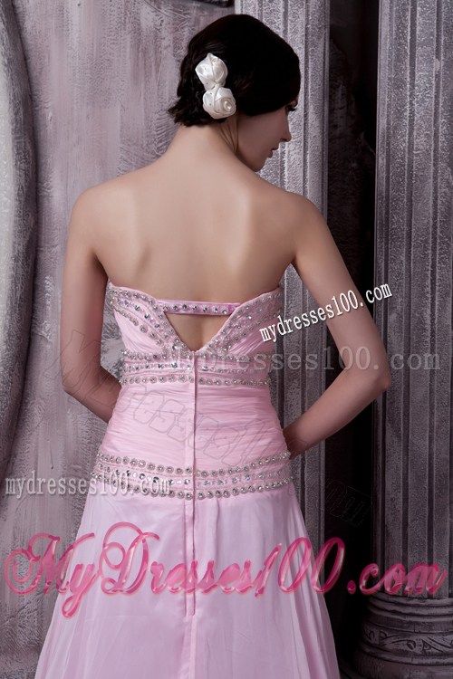 Beaded Baby Pink Chiffon Gowns for Prom of Sweep Train and Princess Silhouette