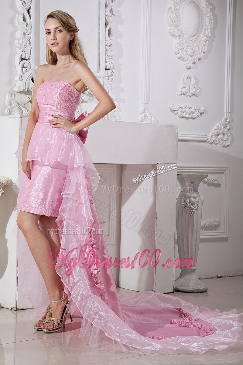 Baby Pink High-low Strapless Prom Gown with Ruffles and Bowknot Accent Back