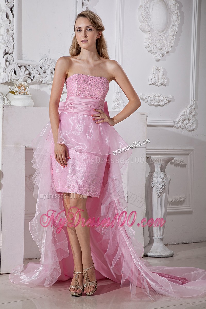 Baby Pink High-low Strapless Prom Gown with Ruffles and Bowknot Accent Back