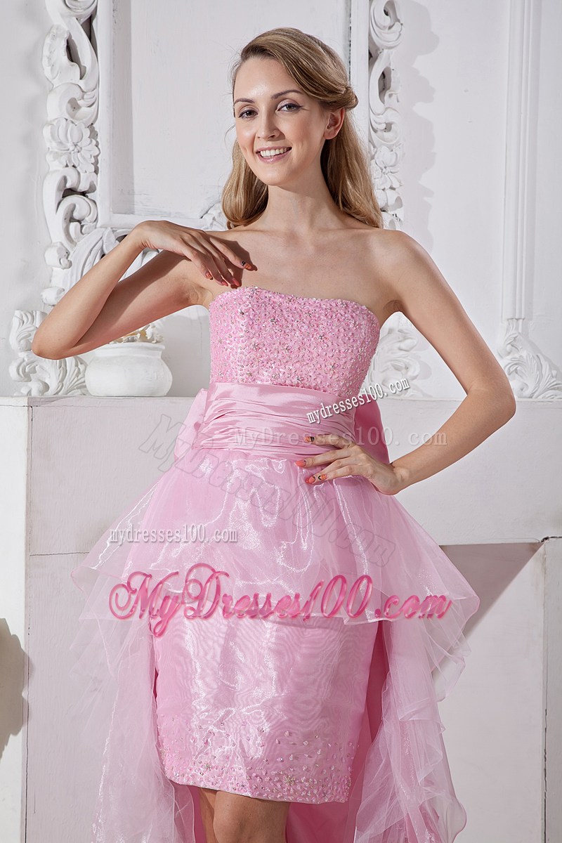 Baby Pink High-low Strapless Prom Gown with Ruffles and Bowknot Accent Back