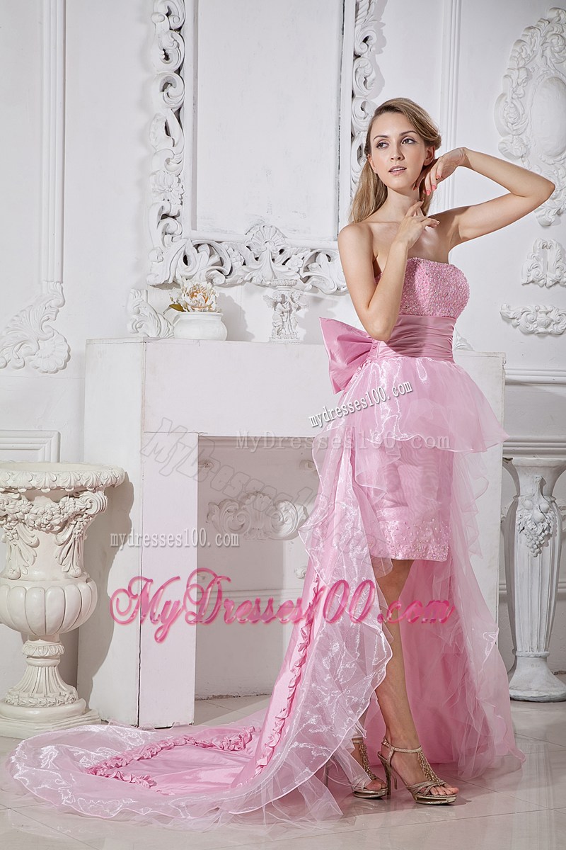 Baby Pink High-low Strapless Prom Gown with Ruffles and Bowknot Accent Back