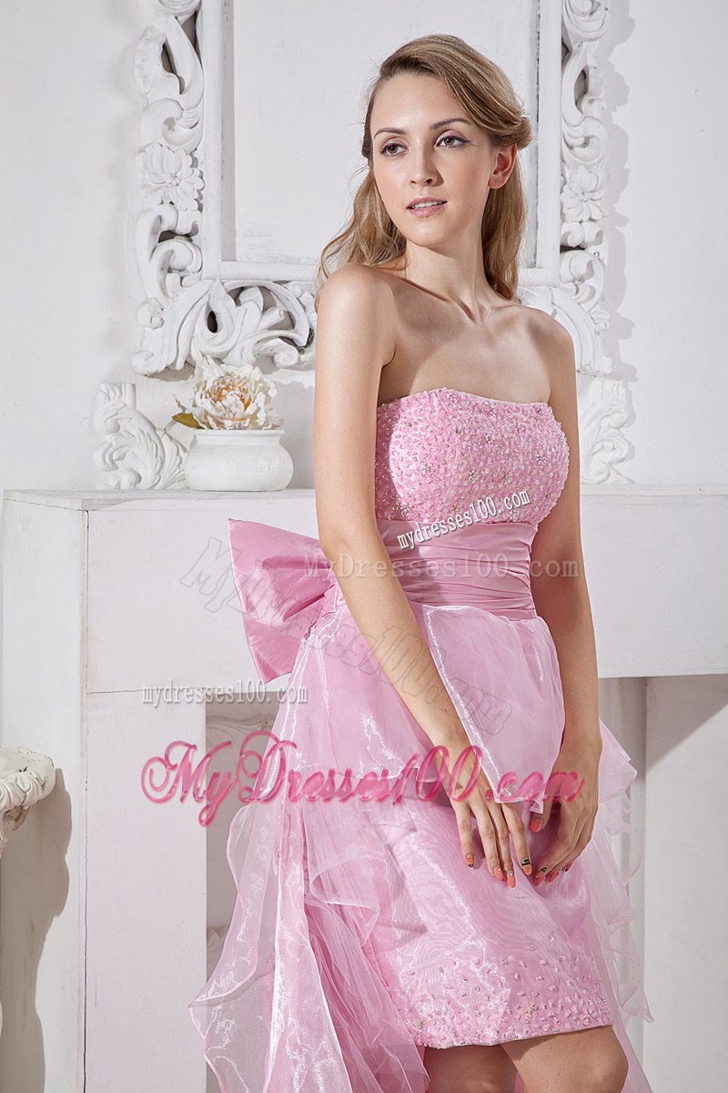 Baby Pink High-low Strapless Prom Gown with Ruffles and Bowknot Accent Back