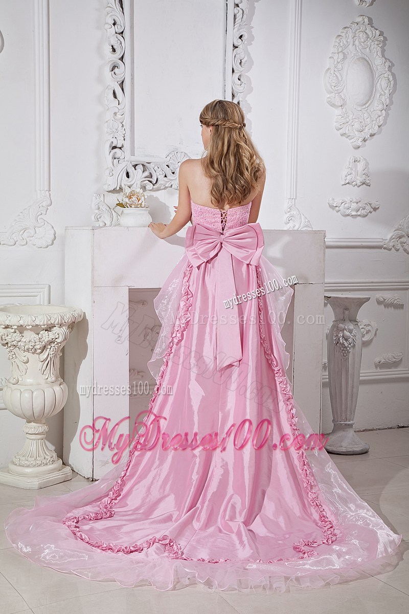 Baby Pink High-low Strapless Prom Gown with Ruffles and Bowknot Accent Back