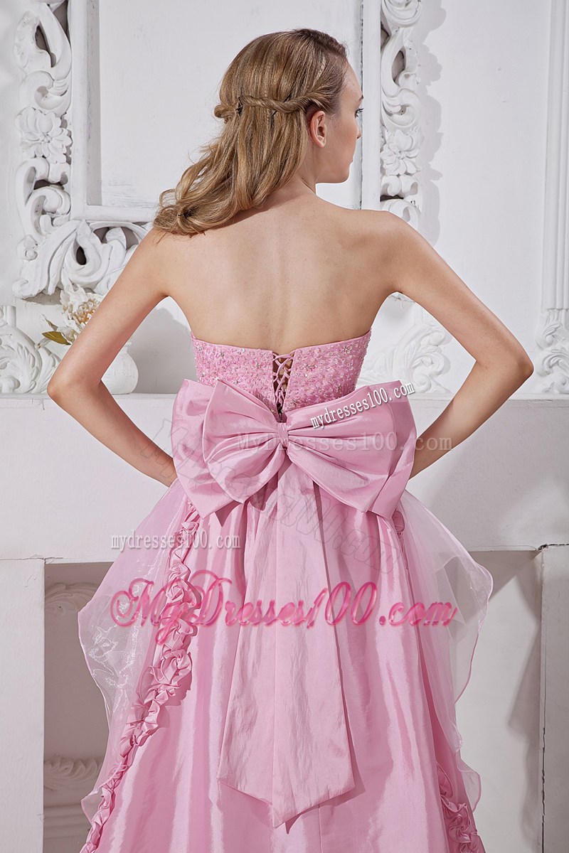 Baby Pink High-low Strapless Prom Gown with Ruffles and Bowknot Accent Back