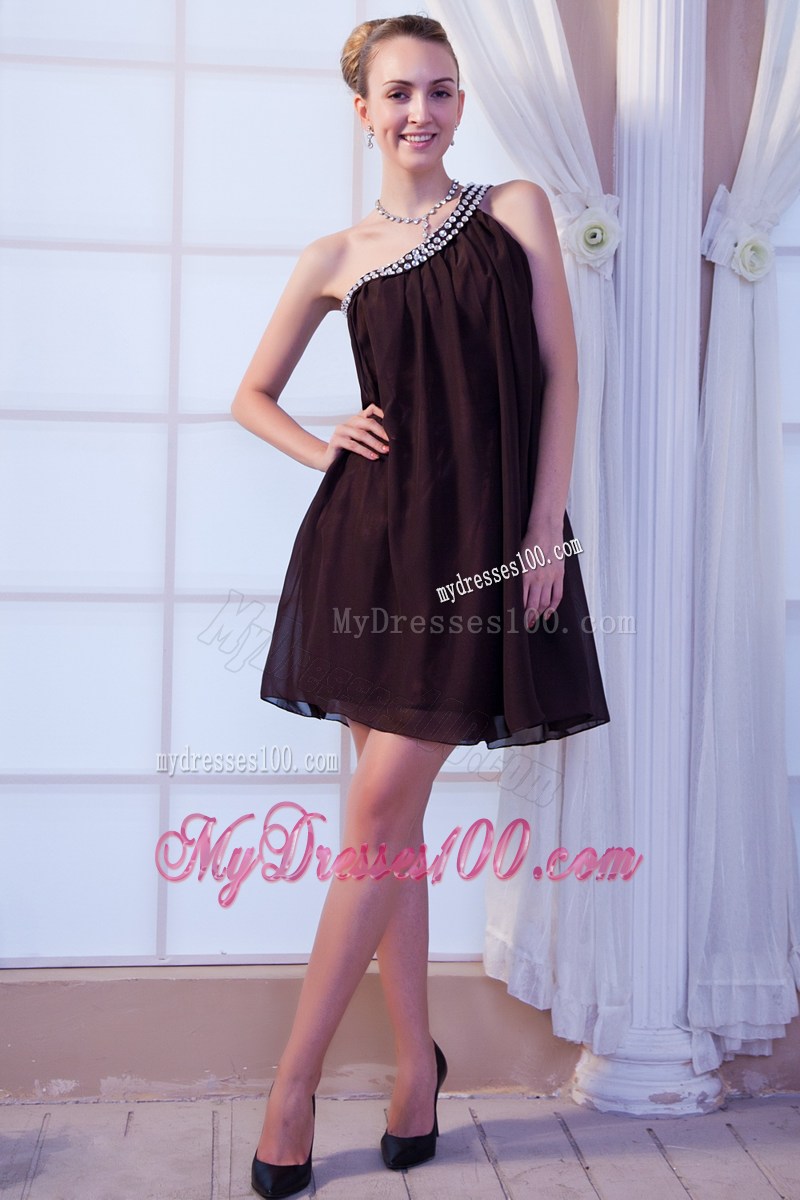 Mini-length Brown Chiffon Prom Gowns with Beaded One Shoulder of Empire Style