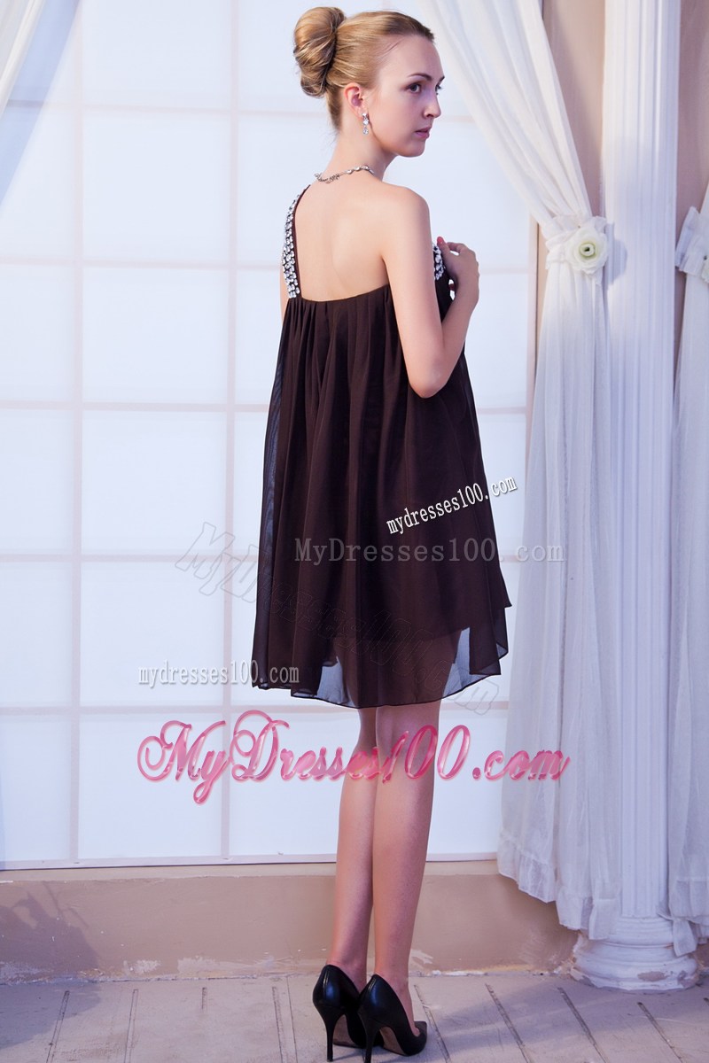 Mini-length Brown Chiffon Prom Gowns with Beaded One Shoulder of Empire Style