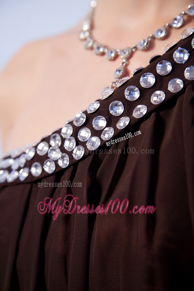 Mini-length Brown Chiffon Prom Gowns with Beaded One Shoulder of Empire Style