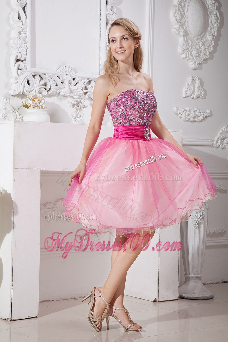 Hot Pink Knee-length Organza Prom Dresses with Ruches and Rhinestone 2013