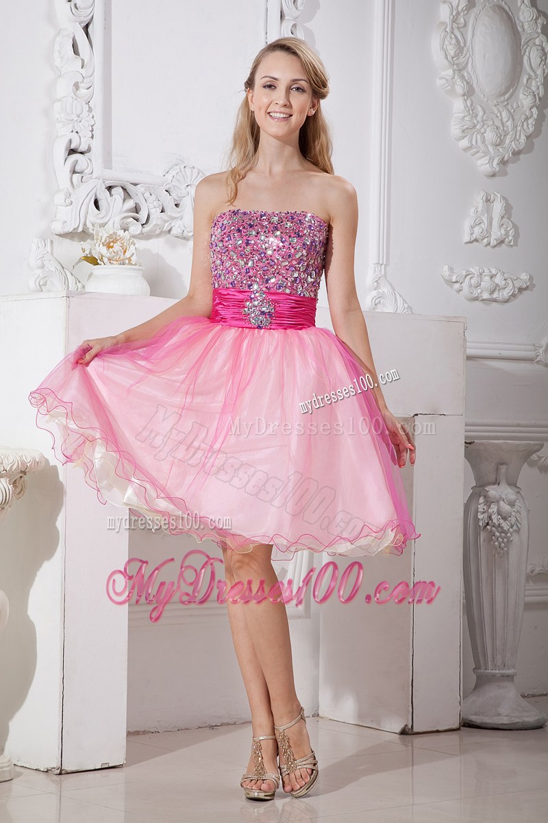 Hot Pink Knee-length Organza Prom Dresses with Ruches and Rhinestone 2013