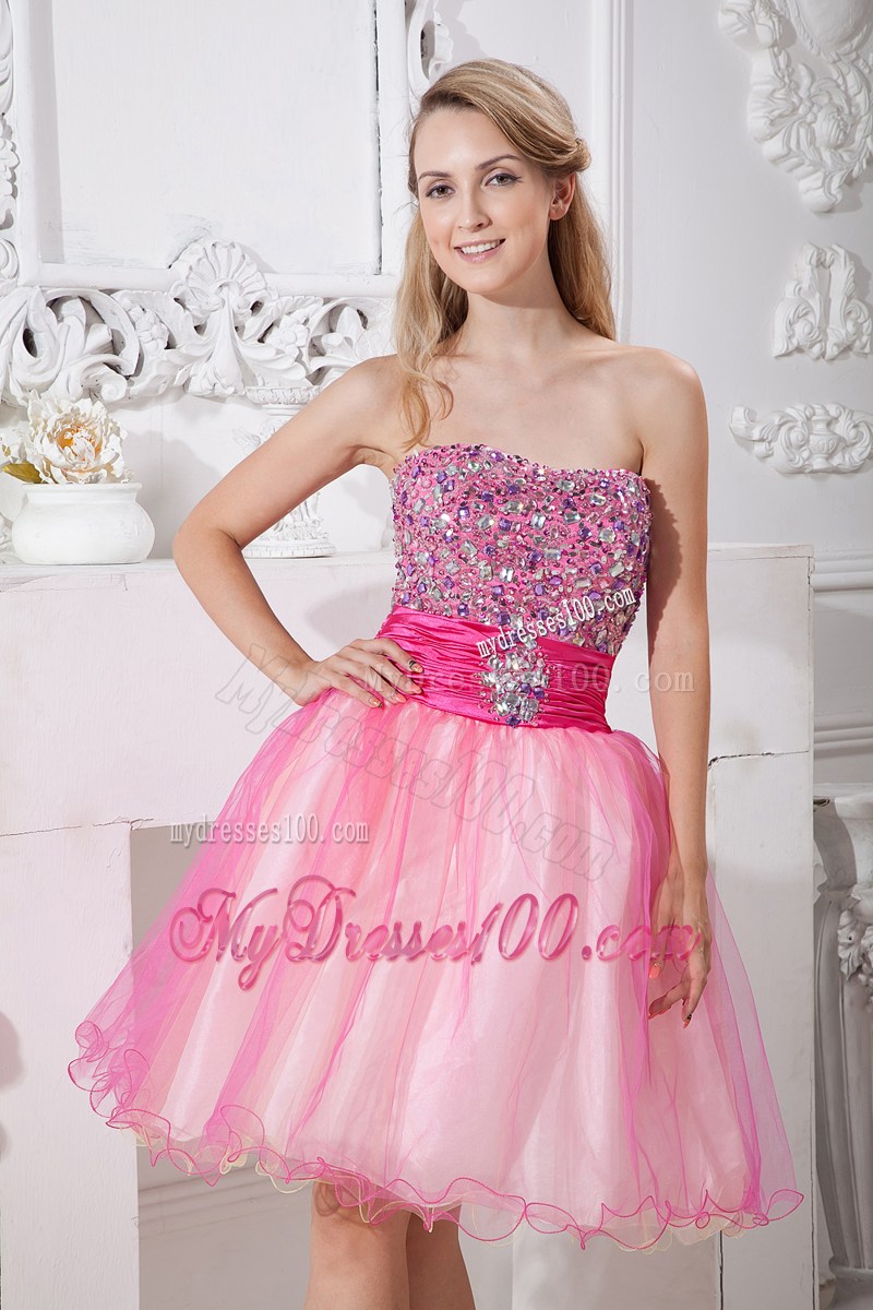 Hot Pink Knee-length Organza Prom Dresses with Ruches and Rhinestone 2013