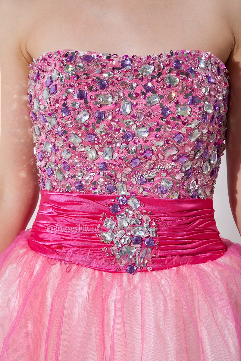 Hot Pink Knee-length Organza Prom Dresses with Ruches and Rhinestone 2013