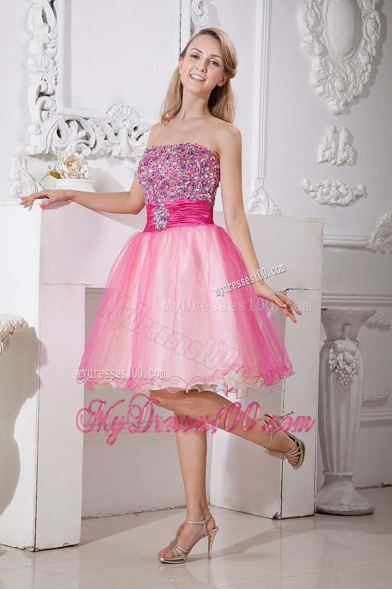 Hot Pink Knee-length Organza Prom Dresses with Ruches and Rhinestone 2013